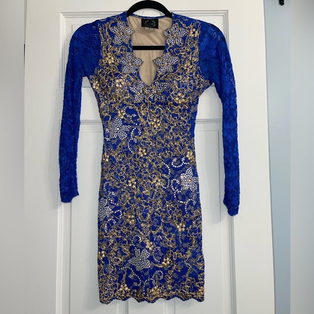 Hand painted blue lace embellished V-neck dress